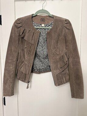 Anthropologie Idra Leather Ruffle Jacket with Knit Accents, Taupe, Size XS